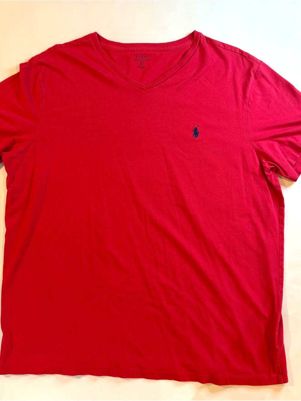 Polo Ralph Lauren Mens Red V Neck T-Shirt XL Blue Navy Pony Logo 100% Cotton